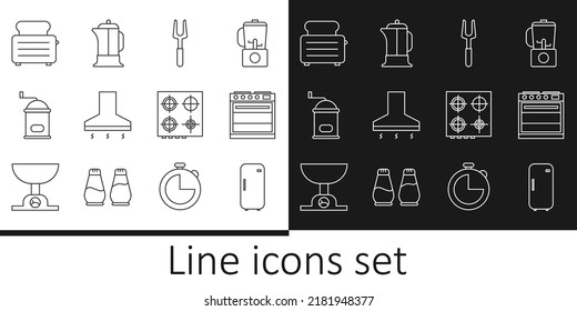 Set line Refrigerator, Oven, Barbecue fork, Kitchen extractor fan, Manual coffee grinder, Toaster with toasts, Gas stove and French press icon. Vector