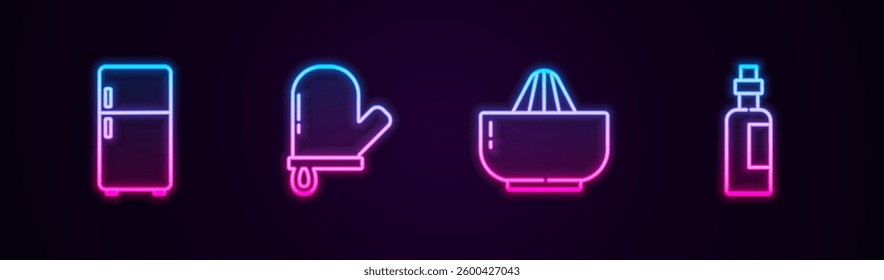 Set line Refrigerator, Oven glove, Citrus fruit juicer and Bottle of olive oil. Glowing neon icon. Vector