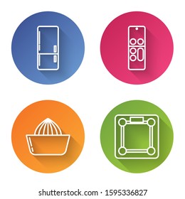 Set line Refrigerator , Remote control , Citrus fruit juicer  and Bathroom scales . Color circle button. Vector