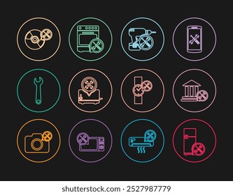 Set line Refrigerator service, Bank building, Drill machine, Toaster, Wrench, CD DVD disk, Wrist watch and Oven icon. Vector