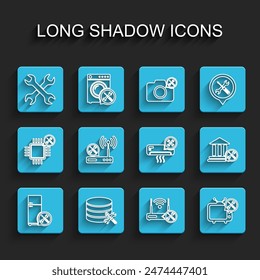 Set line Refrigerator service, Database server, Crossed wrenchs, Router wi-fi with, Tv, Bank building and Air conditioner icon. Vector