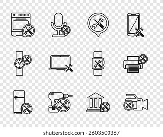 Set line Refrigerator service, Video camera, Location, Drill machine, Oven, Laptop, Bank building and Printer icon. Vector