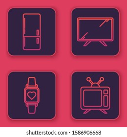 Set line Refrigerator , Smart watch showing heart beat rate , Smart Tv  and Television. Blue square button. Vector