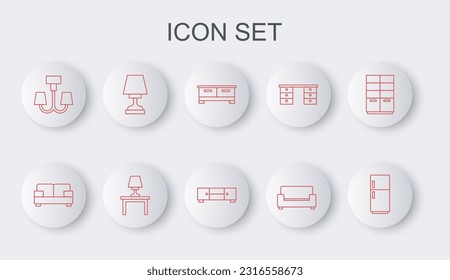 Set line Refrigerator, Sofa, Chest drawers, Chandelier, Table lamp, on table and  icon. Vector