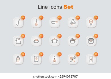 Set line Refrigerator, Spatula, Cookbook, Grater, Slow cooker, Cooking pot and  icon. Vector