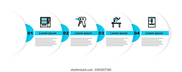 Set line Refrigerator, Table saw for woodwork, Electric hot glue gun and Vending machine icon. Vector