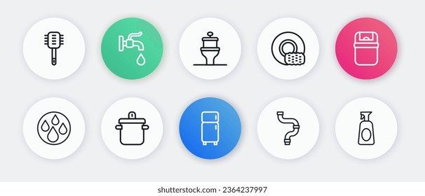 Set line Refrigerator, Trash can, Water drop, Industry metallic pipe, Washing dishes, Toilet bowl, Cleaning spray with detergent and Cooking pot icon. Vector