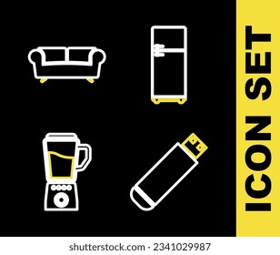 Set line Refrigerator, USB flash drive, Blender and Sofa icon. Vector