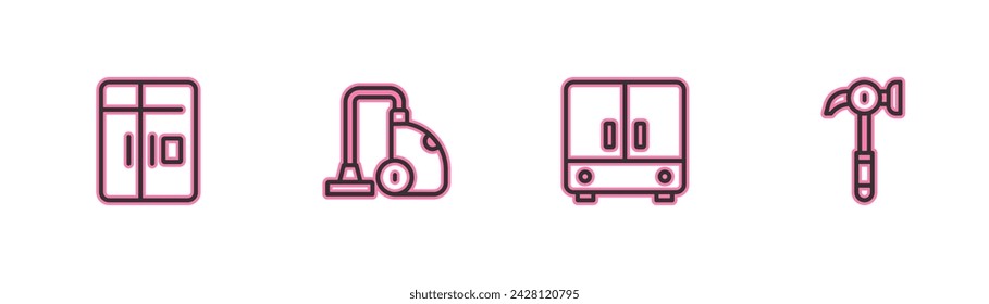 Set line Refrigerator, Wardrobe, Vacuum cleaner and Hammer icon. Vector