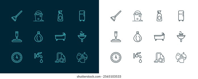 Set line Refrigerator, Water tap, Bathtub, Vacuum cleaner, Garbage bag, Cleaning spray with detergent, Rubber plunger and Bucket foam and bubbles icon. Vector