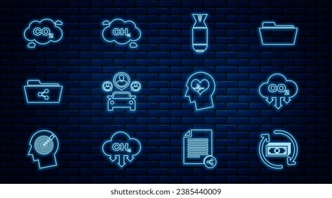 Set line Refund money, CO2 emissions in cloud, Aviation bomb, Car sharing, Share folder, Head with heartbeat and Methane reduction icon. Vector