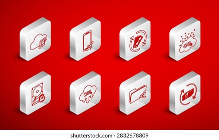 Set line Refund money, Flight mode in the mobile, CO2 emissions cloud, Share folder, Music streaming service, Methane reduction and Hard disk drive with clockwise icon. Vector