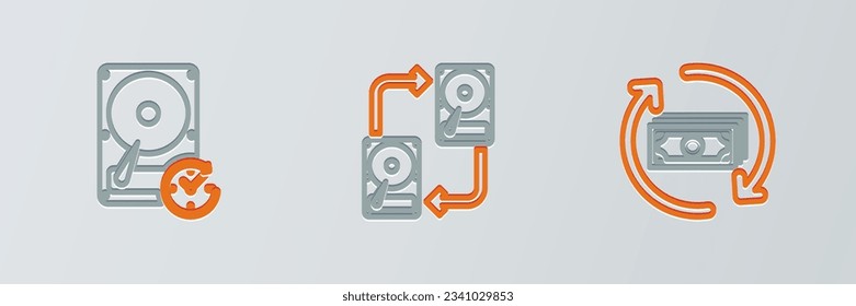 Legen Sie die Zeile Rückerstattung Geld, Festplatte mit Uhrzeigersinn und Datenaustausch hd Symbol. Vektorgrafik