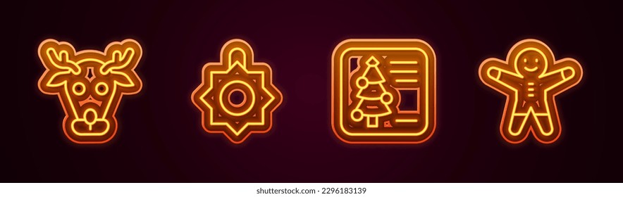 Set line Reindeer, Christmas toy, postcard and Holiday gingerbread man cookie. Glowing neon icon. Vector