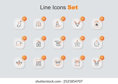 Set line Reindeer, Gift box, bow, Christmas chimney, Branch viburnum, ball, star and Envelope icon. Vector