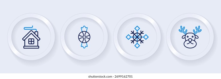 Set line Reindeer, Snowflake, Candy and Merry Christmas house icon. Vector