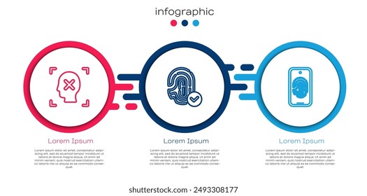 Fijar línea Rechazo de reconocimiento facial, Huella digital y móvil con digitalización de huellas dactilares. Plantilla de infografía de negocios. Vector