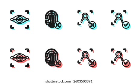 Set line Rejection face recognition, Eye scan, fingerprint and Face icon. Vector
