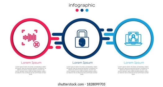 Establecer el reconocimiento de voz de rechazo de línea, huella digital con cerradura y cara de portátil. Plantilla de infografía de negocios. Vector