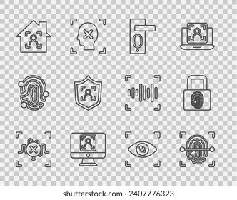 Set line Rejection voice recognition, Fingerprint, door lock, Face, Smart home with face id, Shield, Eye scan and  icon. Vector