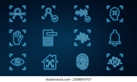 Definir a linha Rejeição de reconhecimento de voz, Sensor de movimento, Voz, Bloqueio de porta digital, Impressão de palma, Face e ícone. Vetor