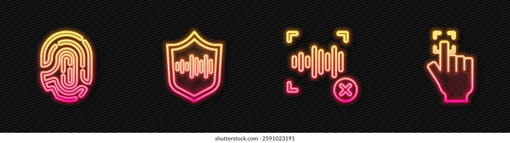 Set line Rejection voice recognition, Fingerprint, Shield and . Glowing neon icon. Vector