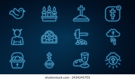 Set line Religious cross in circle, God's helping hand, Grave with, Stained glass, Krampus, heck, Dove, Crucifixion of Jesus Christ and Burning candle candlestick icon. Vector