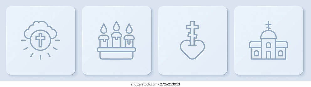 Cruz religiosa en círculo, corazón, candelabro en llamas y edificio de la iglesia. Botón cuadrado blanco. Vector