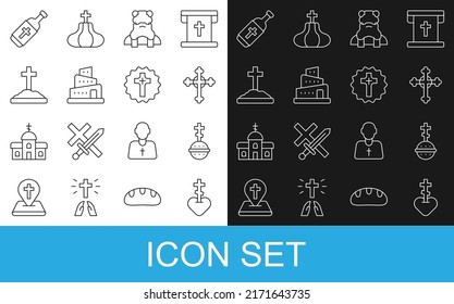 Set line Religious cross in heart, Christian, Priest, Babel tower bible story, Grave with, Holy water bottle and  icon. Vector