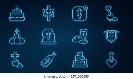 Set line Religious cross in heart, Flag with christian, Online church pastor preaching, Grave tombstone, Church tower, Ark of noah, Goblet and bread and Christian icon. Vector