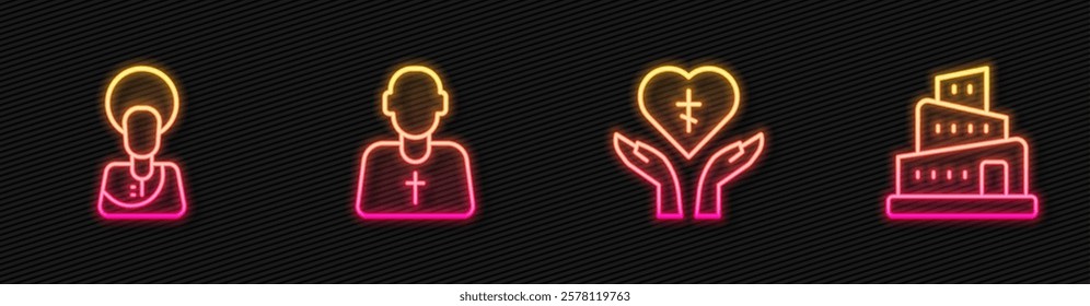 Set line Religious cross in heart, Jesus Christ, Priest and Babel tower bible story. Glowing neon icon. Vector