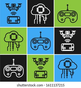 Set line Remote aerial drone, Remote control and Internet of things icon. Vector