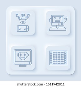 Set line Remote aerial drone, Robot, Bot and Printed circuit board PCB. White square button. Vector