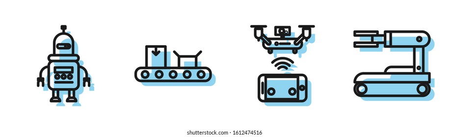 Set line Remote aerial drone, Robot, Conveyor belt with cardboard box and Robot icon. Vector