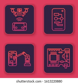 Set line Remote aerial drone, Industrial machine robotic robot arm hand, Algorithm and Printed circuit board PCB. Blue square button. Vector