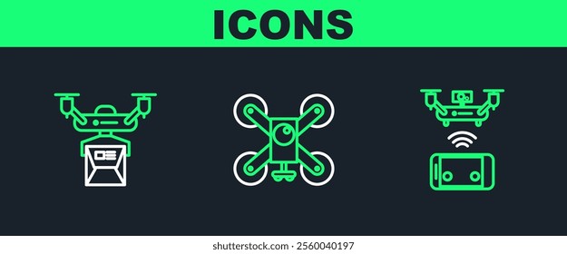 Set line Remote aerial drone, Drone delivery concept and flying with action camera icon. Vector