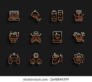 Definir linha Controle remoto, Inteligência artificial, Criando robô, Robô carregando bateria, Mars rover, e ícone de manual do usuário. Vetor