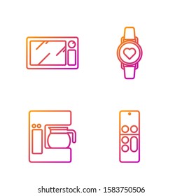 Set line Remote control , Coffee machine with glass pot , Microwave oven  and Smart watch showing heart beat rate . Gradient color icons. Vector