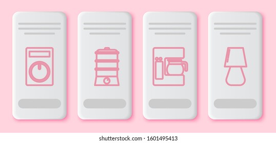 Set line Remote control, Double boiler , Coffee machine with glass pot  and Table lamp . White rectangle button. Vector