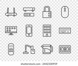 Control remoto, toma de corriente eléctrica, cerradura de combinación segura, fábrica robótica del brazo de la mano, señal wi-fi del router, teléfono inteligente, hervidor de agua e icono del teclado. Vector