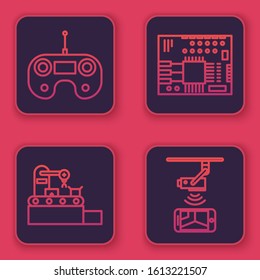 Set line Remote control, Factory conveyor system belt, Printed circuit board PCB and Wireless Controlling CCTV security camera. Blue square button. Vector