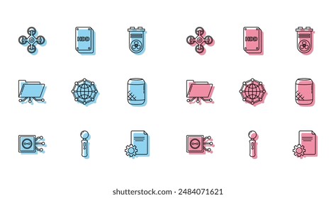 Set line Remote control, Gamepad, Drone, File document, Global technology or social network, Voice assistant, Folder and lock and Hard disk drive HDD icon. Vector