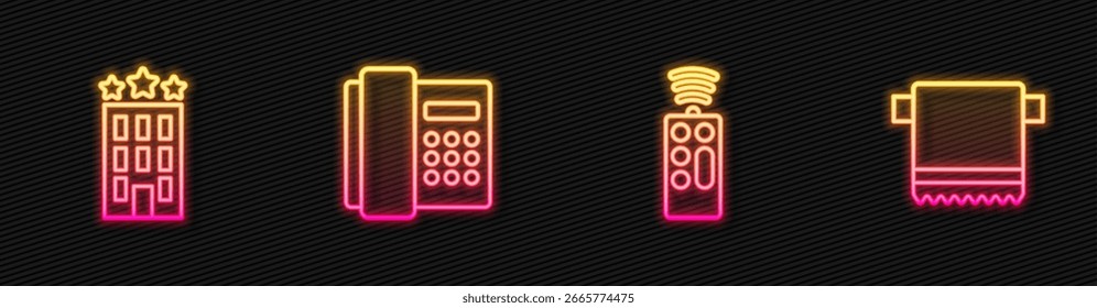 Set line Remote control, Hotel building, Telephone handset and Towel hanger. Glowing neon icon. Vector