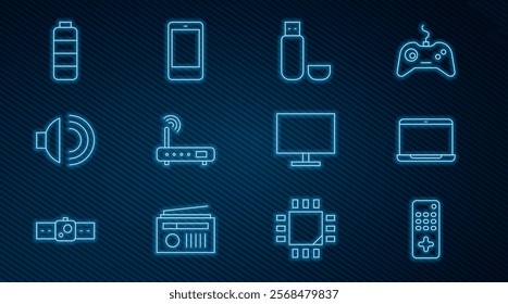 Set line Remote control, Laptop, USB flash drive, Router and wi-fi signal, Speaker volume, Battery charge level indicator, Computer monitor screen and Smartphone, mobile phone icon. Vector