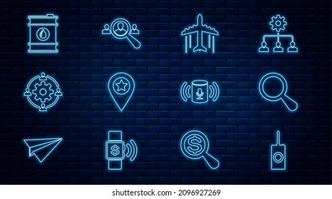 Set line Remote control, Magnifying glass, Plane, Location with star, Outsourcing concept, Barrel oil, Voice assistant and for search people icon. Vector