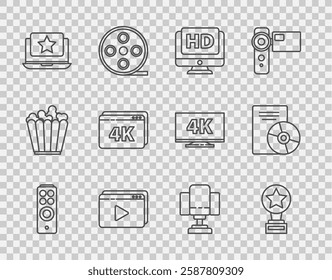 Set line Remote control, Movie trophy, Monitor with HD video, Online play, Laptop star, 4k, Director movie chair and CD DVD disk icon. Vector