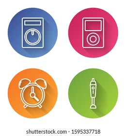 Set line Remote control, Music player , Alarm clock  and Blender . Color circle button. Vector