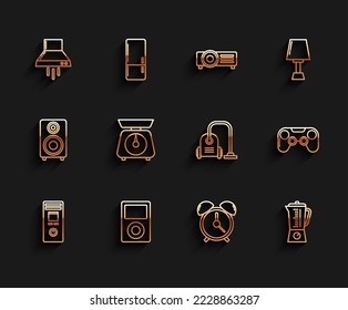 Set line Remote control, Music player, Kitchen extractor fan, Alarm clock, Blender, Scales, Gamepad and Vacuum cleaner icon. Vector
