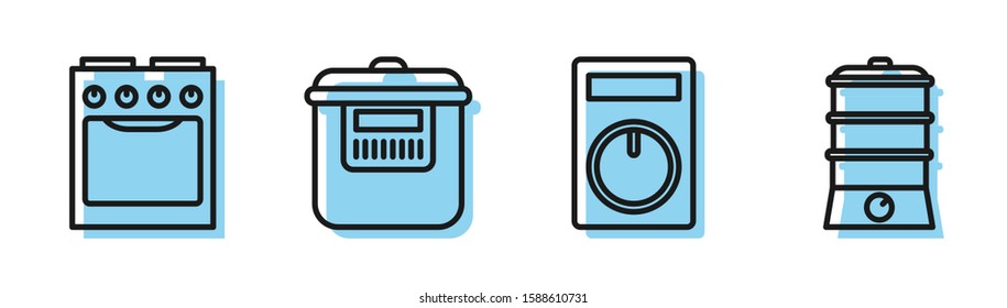 Set line Remote control, Oven , Slow cooker  and Double boiler  icon. Vector