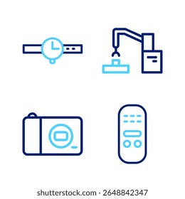 Set line Remote control, Photo camera, Robotic robot arm hand factory and Wrist watch icon. Vector